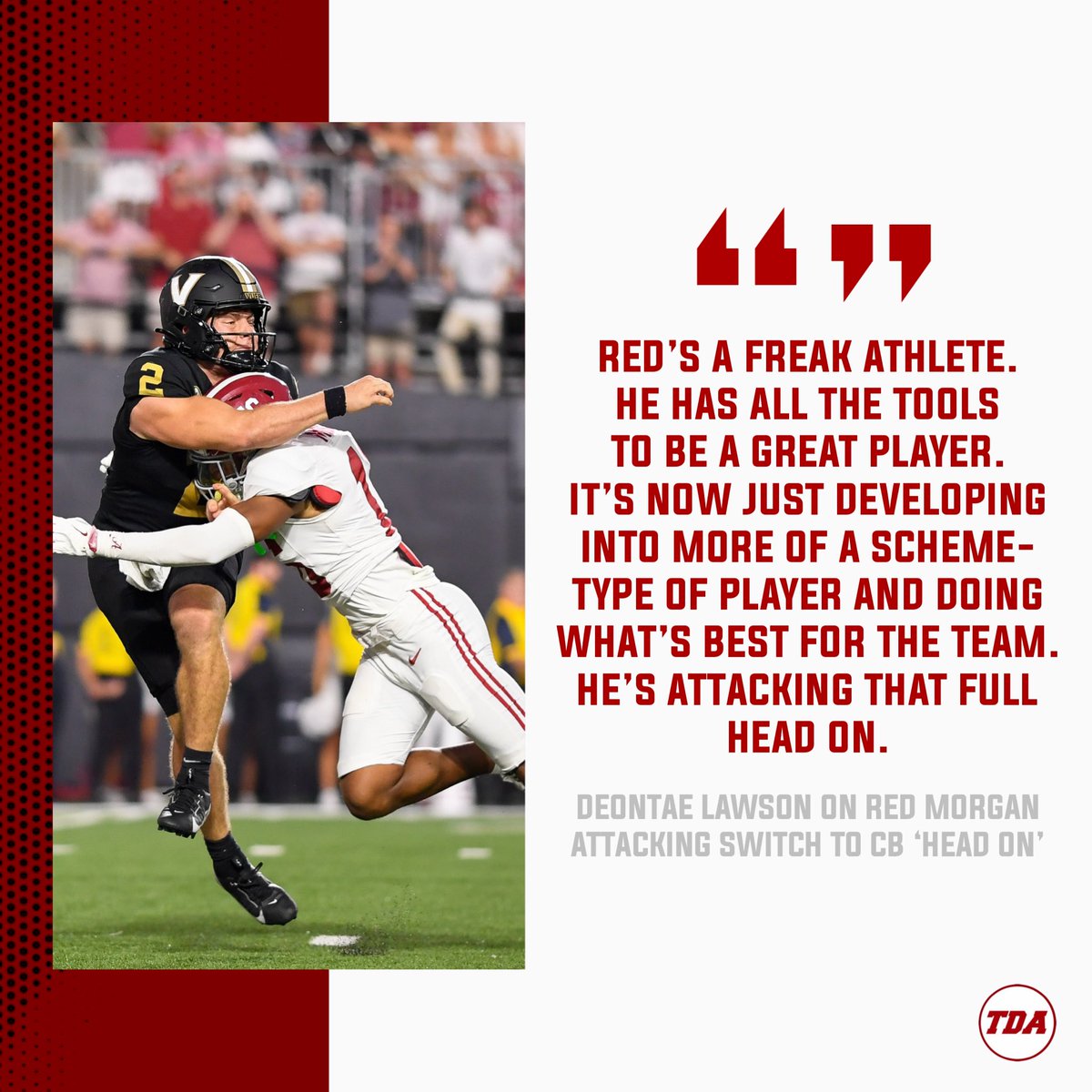 TDAlabamaMag's tweet image. Alabama DB Red Morgan has been attacking switch to cornerback ‘head on’ according to Deontae Lawson. 👀💥
tdalabamamag.com/2025/07/20/ala…
