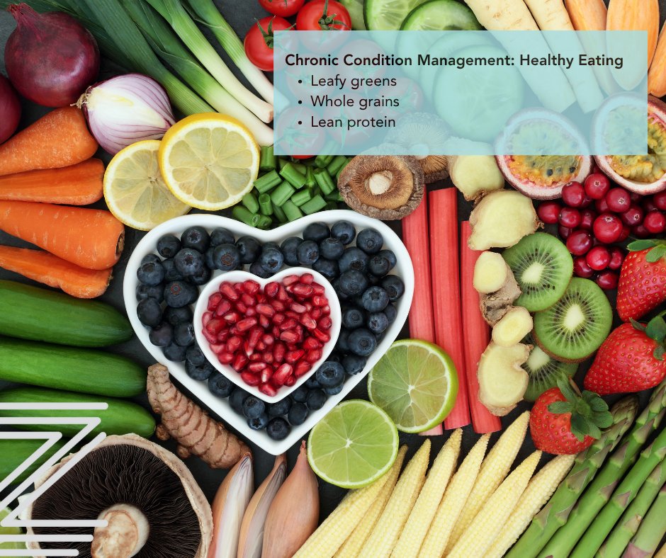 Healthy eating plays a key role in managing chronic conditions like diabetes, heart disease, and high blood pressure.
Focus on:
• Leafy greens and vegetables
• Whole grains
• Lean proteins

Zing Health members have access to nutrition counseling and condition-specific