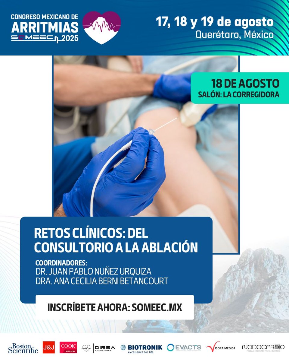 🫀 Del consultorio a la ablación: FA, EV en corazón sano e IC-FEr.
Una sesión integral desde la clínica, imagen e intervención.
📍 La Corregidora
👥 Dr. Nuñez Urquiza y Dra. Berni Betancourt
🔗 someec.mx/socios/registr…
#ArritmiasMX2025 #Electrofisiología