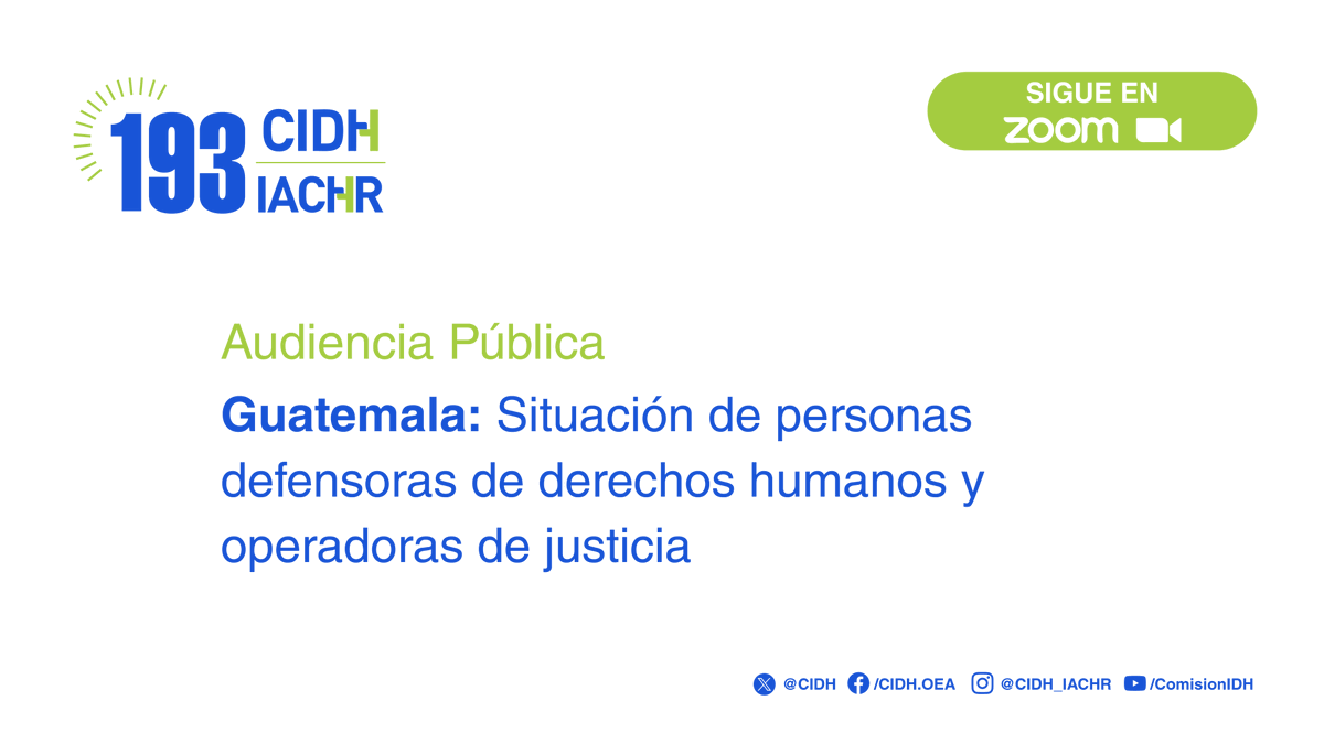 CIDH's tweet image. La última audiencia de hoy inicia en breve. Informará sobre la situación de personas defensoras de derechos humanos y operadoras de justicia en #Guatemala.
📲Puedes seguirla en vivo por YouTube: ow.ly/agRR50WsWHG
🌐También puedes conectarte por Zoom para ver con…