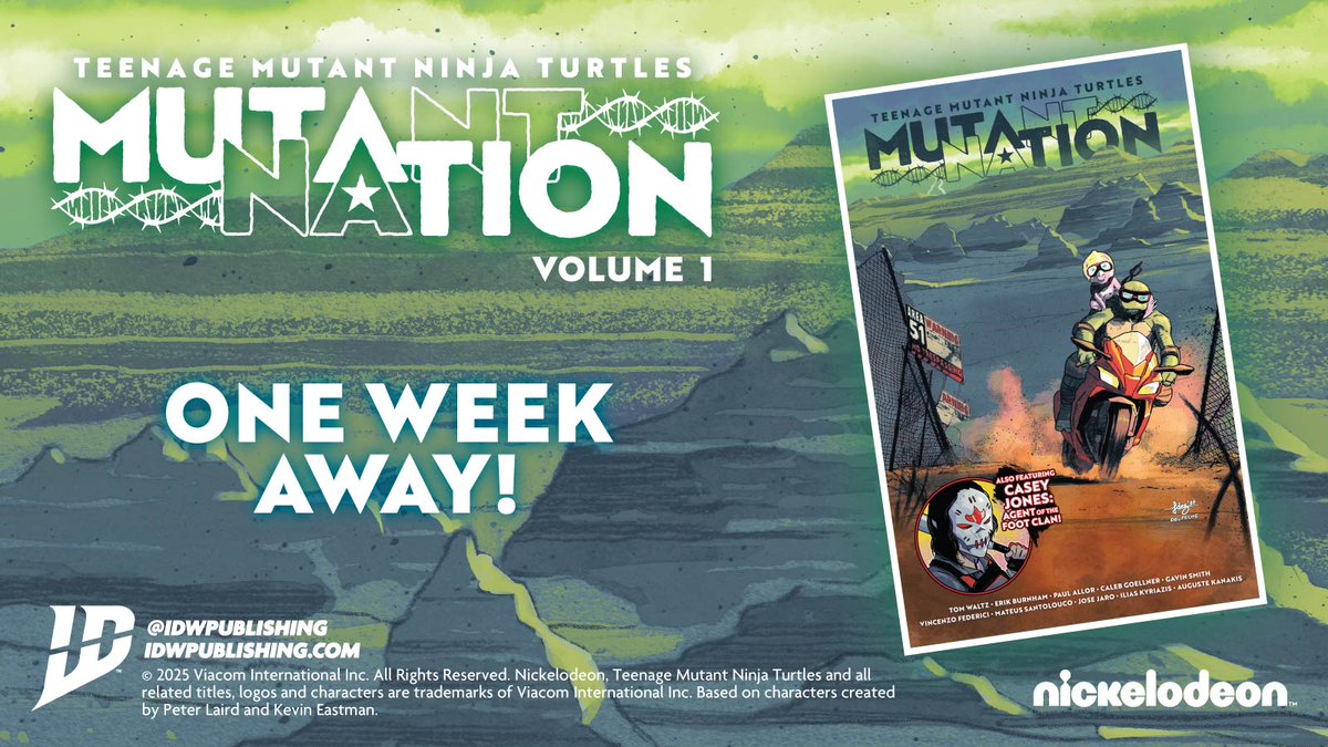IDWPublishing's tweet image. Teenage Mutant Ninja Turtles: Mutant Nation, Vol. 1 comes out in one week!
Including the prelude story Monster Island, #Raphael in Area 51, & #CaseyJones as an agent of the #FootClan.
#TeenageMutantNinjaTurtles #TMNT #MutantNation #TMNTComics