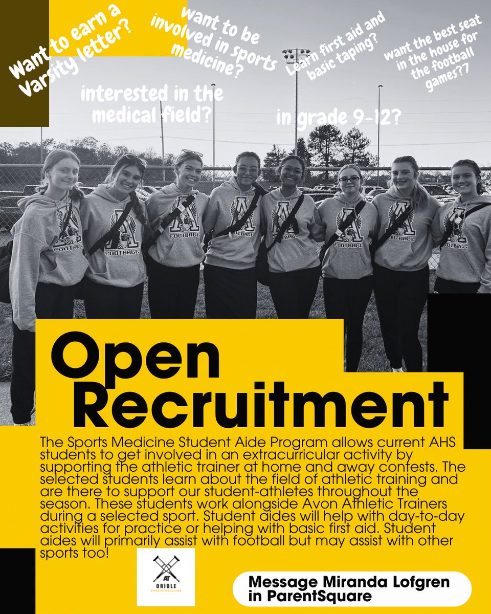 Hey Orioles! We are looking to add a few more student aides to our group. It’s a fun environment with a flexible schedule. You can learn some skills while watching sports! Join the team behind our teams! Contact Miranda Lofgren in ParentSquare if you’re interested.