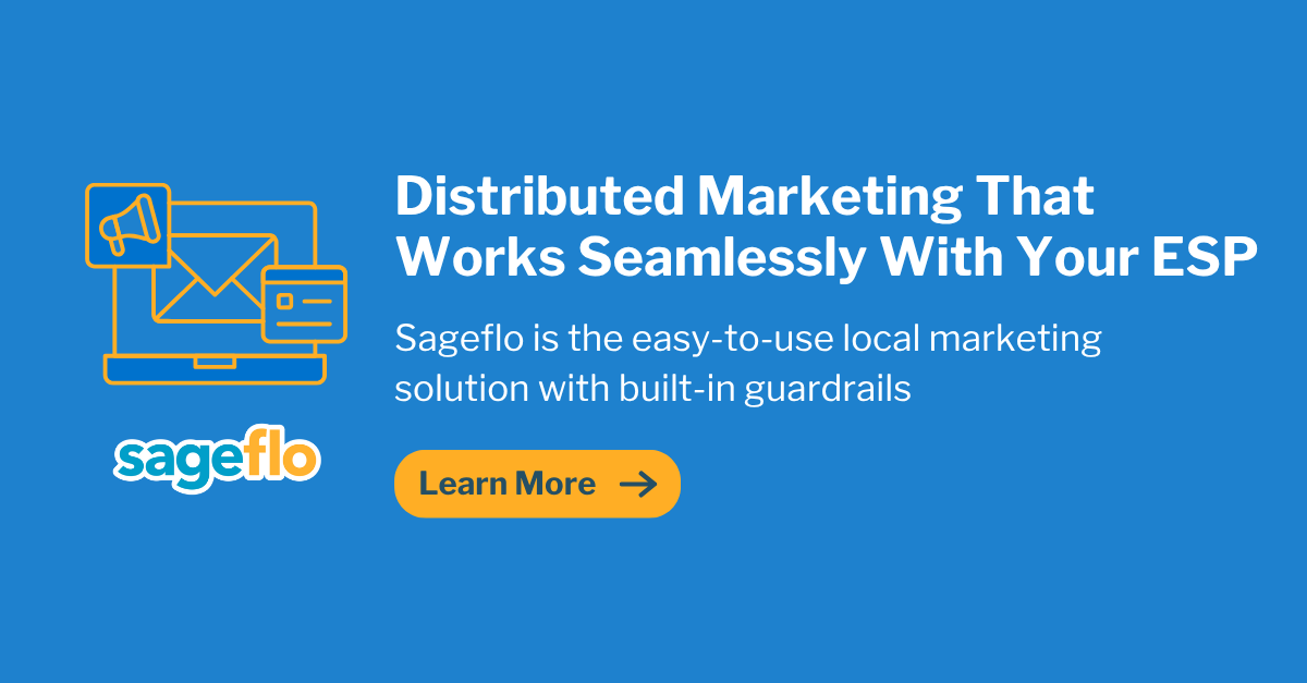 sageflo's tweet photo. Distributed marketing that works seamlessly with your ESP. Sageflo is the easy-to-use local marketing solution with built-in guardrails. 

Learn more: https://t.co/VA62SoCJLu

#sageflo #ESP #distributedsolution #guardrails #localmarketing #distributedmarketing https://t.co/1Gp54xjeAI
