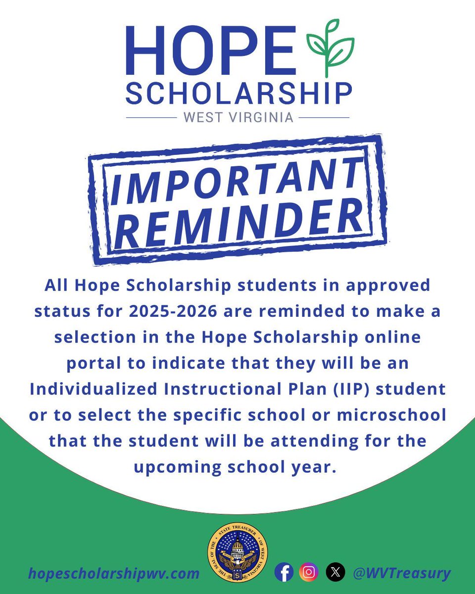WVTreasury's tweet image. See graphic for important Hope Scholarship information!
It is very important that this step be completed in advance of accounts being funded for the first semester on August 15.
To view how to make the selection in the online portal, watch this video: buff.ly/NHs3t2P