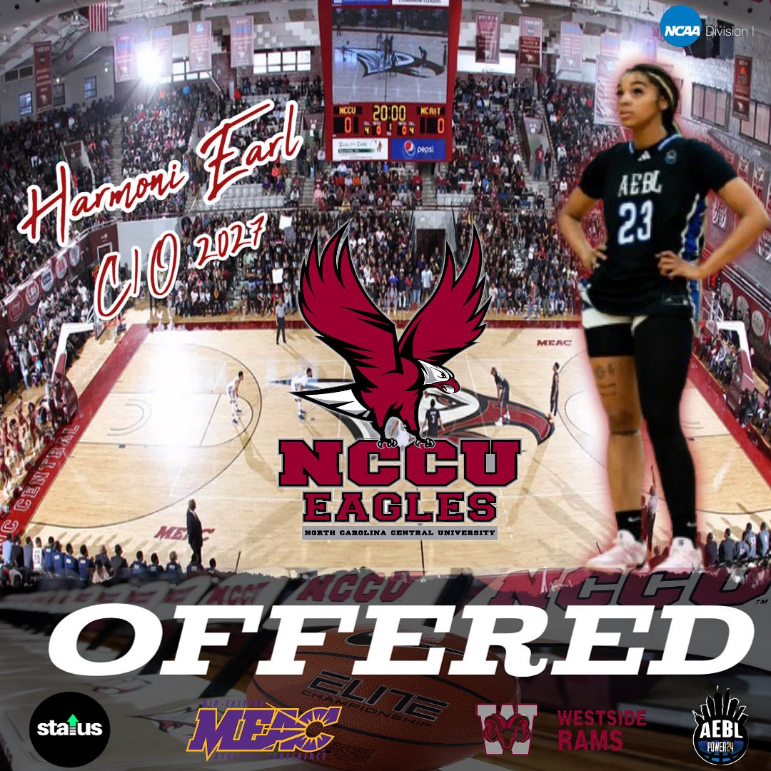 Harmoni Earl 2027🏀 (@1harmoniearl) on Twitter photo After a great conversation with <a href="/CoachTValentine/">Tim Valentine</a> I’m am blessed to say that i have received a D1 offer from <a href="/NCCUWBB/">NC Central WBB</a> . #GoEagles 🦅
<a href="/MEACSports/">Mid-Eastern Athletic Conference</a> After a great conversation with <a href="/CoachTValentine/">Tim Valentine</a> I’m am blessed to say that i have received a D1 offer from <a href="/NCCUWBB/">NC Central WBB</a> . #GoEagles 🦅
<a href="/MEACSports/">Mid-Eastern Athletic Conference</a>