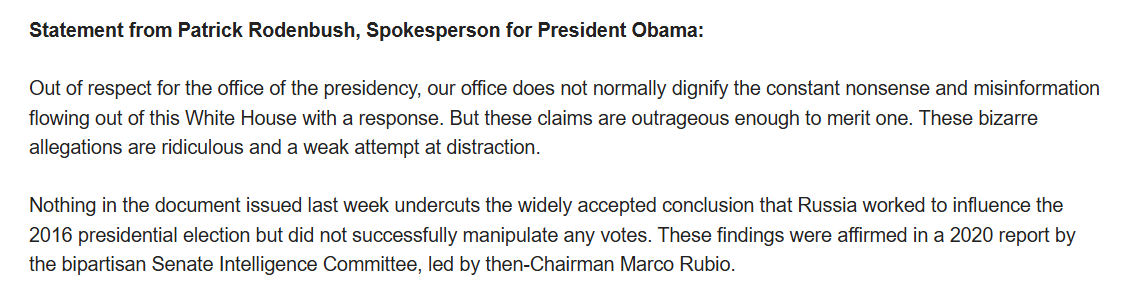 OKnox's tweet image. Rare response from Obama's office to Trump/Gabbard claims. Note the Rubio reference.
Been wondering when Trump gets asked about his secretary of state/national security adviser/archives chief in this context.