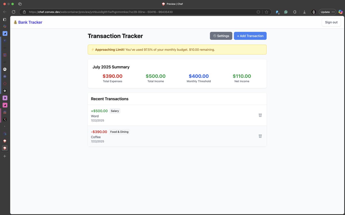 emmanuelmotsi's tweet photo. No manual code required! 😱 Just used #Chef from @Convex to create a web app that allows me to track my transactions and set monthly threshold limits using natural language! Idea to MVP in record time! Suberb! #ALX_AiSK @alx_africa https://t.co/gRZ5I7V0wY