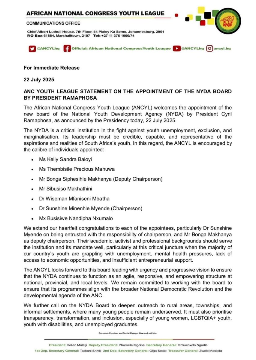 ANCYLhq's tweet image. The ANCYL welcomes the appointment of the new NYDA Board as announced on 22 July 2025.
#ANCYLatWork