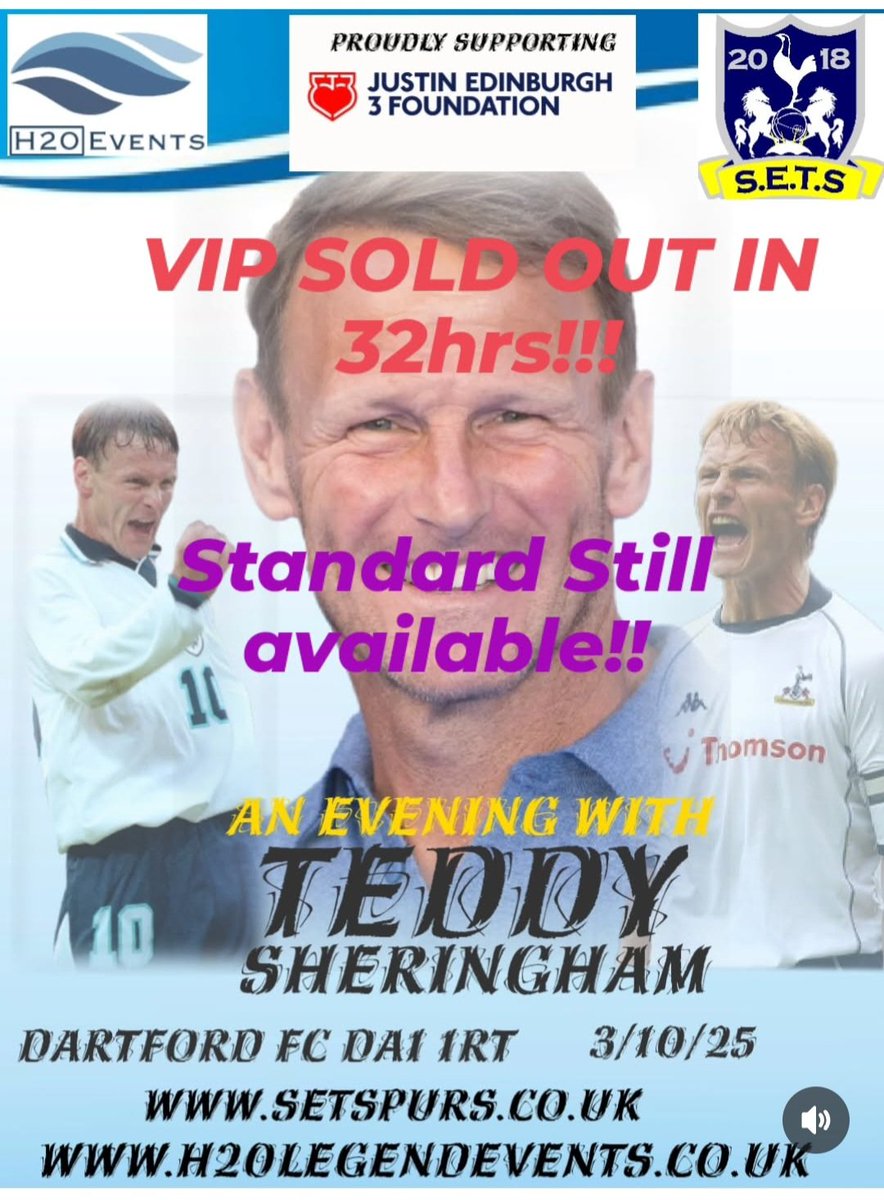 berti1976's tweet image. Well they didn&apos;t hang about!!!!
@SEthamesspurs 
@MrCracknell
@JE3Foundation did they? 
@Charliedinburgh

VIP SOLD OUT !!!
STANDARD STILL AVAILABLE!!!

Supporting #Justinslaw #defribs

#TEDDY #DARTFORD #KENT #SPURS #COYS #LEGENDS #MANUTD #FOREST #MILLWALL #WestHam  #EVENTS