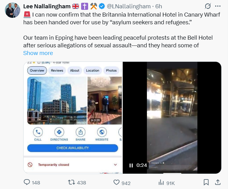 CentralAnti's tweet image. The Britannia hotel is trending and the most viewed post directing the racist mob to the Hotel is Interim branch chairman of Reform UK, Lee Nallalingham.
Lee claims his team has also been leading the (violent) protests in Epping. All roads lead back to Farage.
Figures.