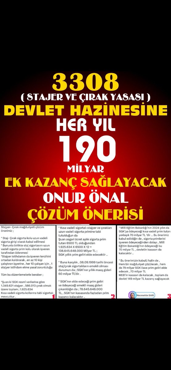Yeliz Altınay (@yelizaltinay) on Twitter photo <a href="/SonerSrln4807/">SONER SRLN</a> <a href="/Onuronal_/">Onur Önal</a> <a href="/RTErdogan/">Recep Tayyip Erdoğan</a> <a href="/dbdevletbahceli/">Devlet Bahçeli</a> <a href="/_cevdetyilmaz/">Cevdet Yılmaz</a> <a href="/isikhanvedat/">Prof. Dr. Vedat Işıkhan</a> <a href="/memetsimsek/">Mehmet Simsek</a> Uygulanabilirliği %💯 olan <a href="/Onuronal_/">Onur Önal</a> çözüm raporu hem mağduriyet sonlanacak hemde SGK kasasina heryıl artarak 190 milyar TL girecek
<a href="/RTErdogan/">Recep Tayyip Erdoğan</a>
<a href="/dbdevletbahceli/">Devlet Bahçeli</a>
<a href="/_cevdetyilmaz/">Cevdet Yılmaz</a>
<a href="/isikhanvedat/">Prof. Dr. Vedat Işıkhan</a>
<a href="/memetsimsek/">Mehmet Simsek</a>
Gençliğimizi Feda Ettik
#3308HayatımızıAldı
#StajyerÇırakAdaletArıyor <a href="/SonerSrln4807/">SONER SRLN</a> <a href="/Onuronal_/">Onur Önal</a> <a href="/RTErdogan/">Recep Tayyip Erdoğan</a> <a href="/dbdevletbahceli/">Devlet Bahçeli</a> <a href="/_cevdetyilmaz/">Cevdet Yılmaz</a> <a href="/isikhanvedat/">Prof. Dr. Vedat Işıkhan</a> <a href="/memetsimsek/">Mehmet Simsek</a> Uygulanabilirliği %💯 olan <a href="/Onuronal_/">Onur Önal</a> çözüm raporu hem mağduriyet sonlanacak hemde SGK kasasina heryıl artarak 190 milyar TL girecek
<a href="/RTErdogan/">Recep Tayyip Erdoğan</a>
<a href="/dbdevletbahceli/">Devlet Bahçeli</a>
<a href="/_cevdetyilmaz/">Cevdet Yılmaz</a>
<a href="/isikhanvedat/">Prof. Dr. Vedat Işıkhan</a>
<a href="/memetsimsek/">Mehmet Simsek</a>
Gençliğimizi Feda Ettik
#3308HayatımızıAldı
#StajyerÇırakAdaletArıyor