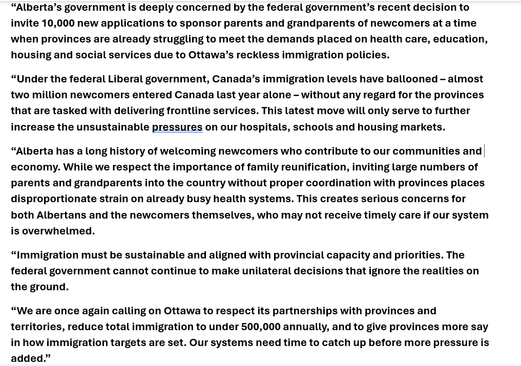 cspotweet's tweet image. The Alberta government calling out the federal government on immigration,saying the arrival of sponsored parents and grandparents will further burder health care, education, etc, and blaming "Ottawa’s reckless immigration policies."