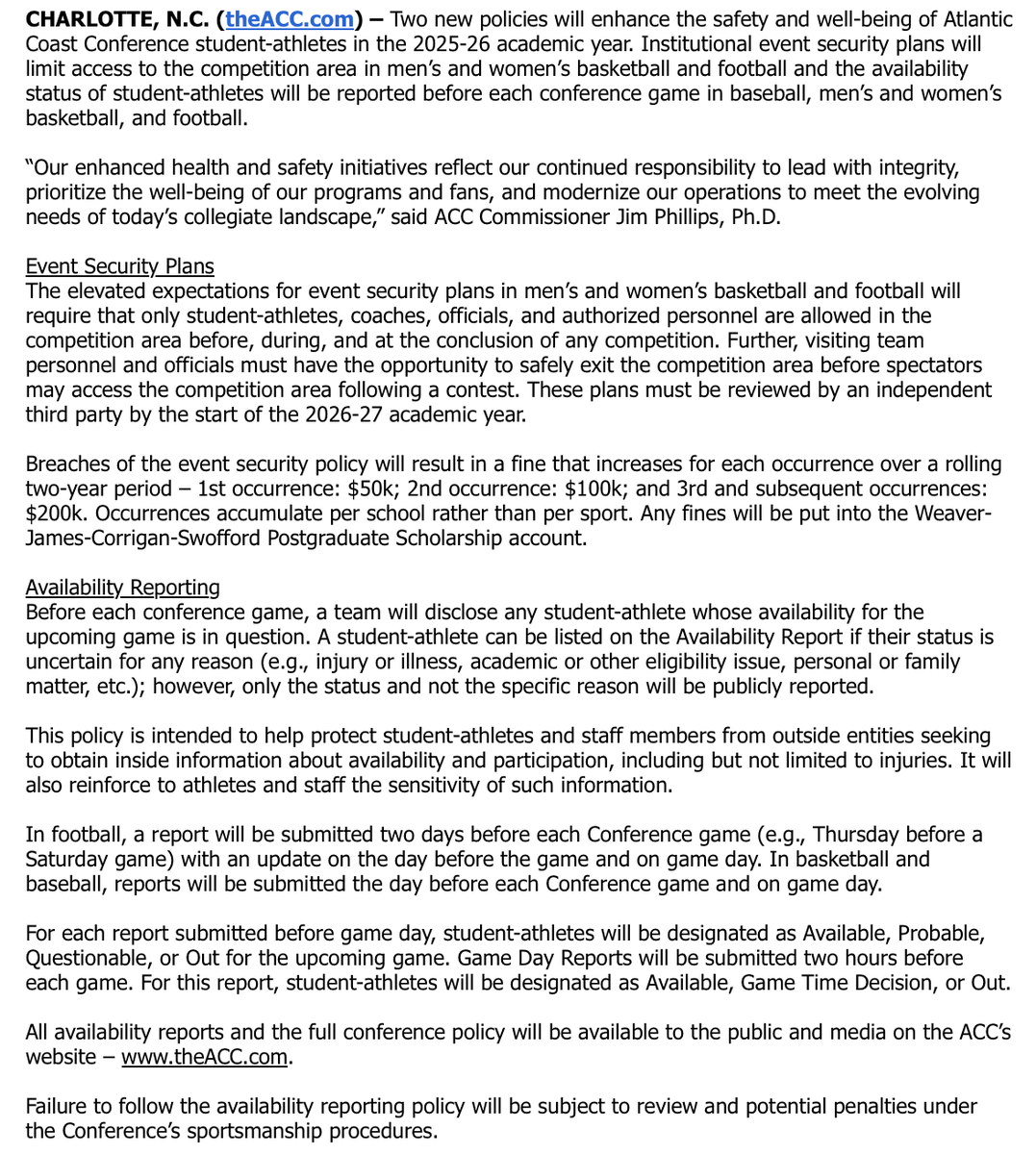 therealdcunna's tweet image. Full release from the ACC on cracking down on field/court storming and player availability reports (FB, MBB, WBB, BSB), as Commissioner Jim Phillips mentioned this morning: