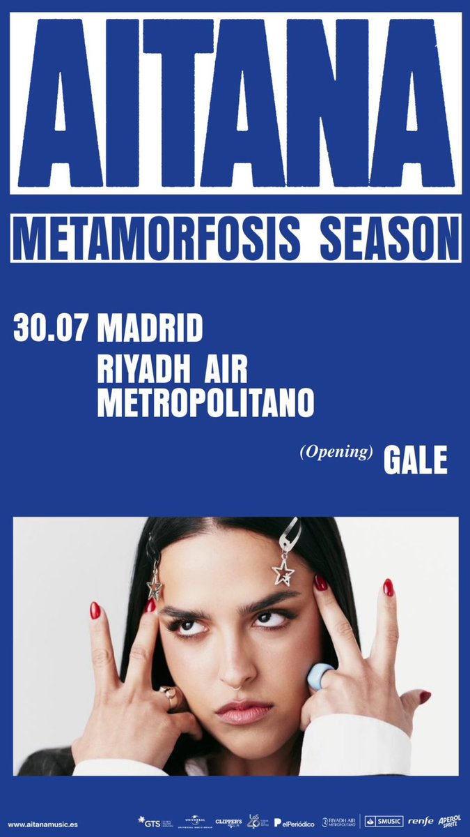 Gale será telonera en el esperado concierto de <a href="/Aitanax/">AITANA</a> 💙🩵

30/07 — Aitana asegura que contar con Gale es una apuesta por el talento y una manera de ofrecer una experiencia completa al público desde el comienzo del show.

¡Últimas entradas!
🎫 tienda.aitanamusic.es/pages/30-de-ju…
