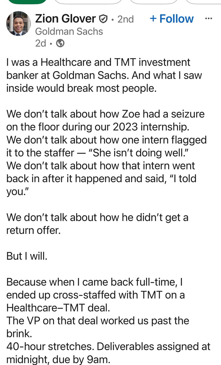 kshaughnessy2's tweet image. "I was a Healthcare and TMT investment banker at Goldman Sachs. And what I saw inside would break most people.....
....The VP on that deal worked us past the brink.
40-hour stretches. Deliverables assigned at midnight, due by 9am....
....Goldman Sachs isn’t just a bank.
It’s…