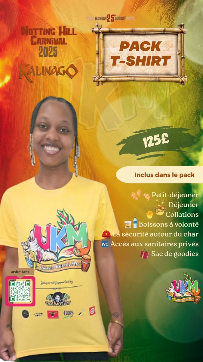 KreyolMas's tweet image. Ton package tshirt pour le carnaval de Notting Hill à Londres c'est avec UKM qu'il faut le prendre. la seule équipe officielle représentant les caraïbes francophones ✊🏿
unitedkreyolmas.playmas.app/events/carnava…
#UKM
#UnitedKreyolMas
#NHC2025
#NottingHillCarnival2025