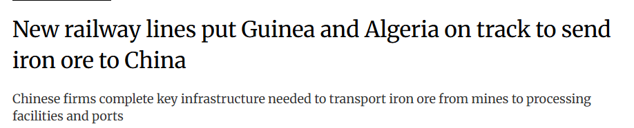 chinainmena's tweet image. "China is poised to begin receiving iron ore shipments from Guinea and Algeria this year, as Chinese firms complete the railway lines and ports needed to overcome logistical bottlenecks.
For years, the lack of railway infrastructure connecting mine sites to port facilities had…