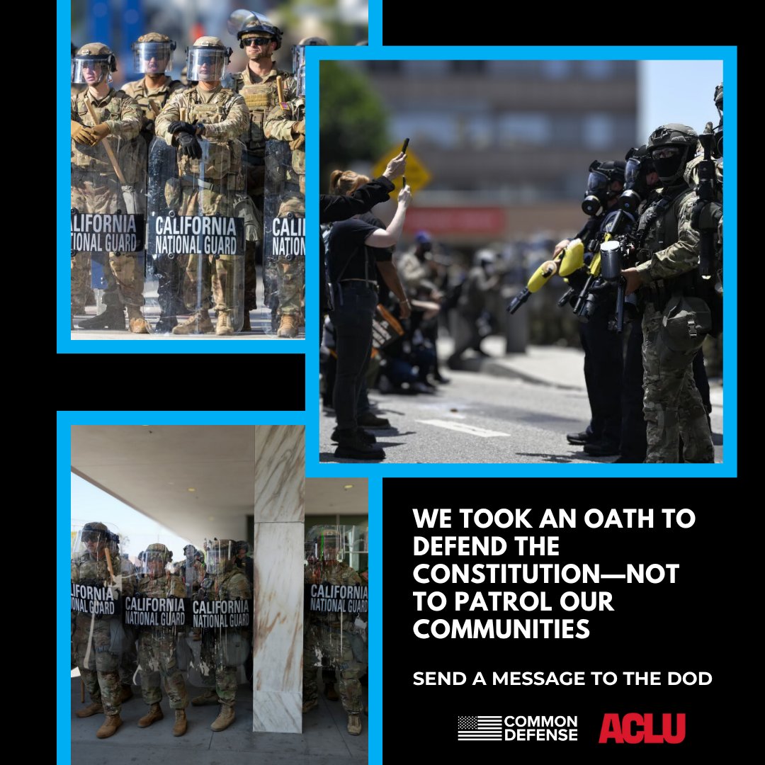 commondefense's tweet image. Marines deployed with ICE. 2,000 National Guard troops across 20 states may be next.
This isn’t what we fought for.
✍️ Sign our petition with @ACLU : bit.ly/defend-the-con…
#NoTroopsAgainstCivilians #ProtectDemocracy