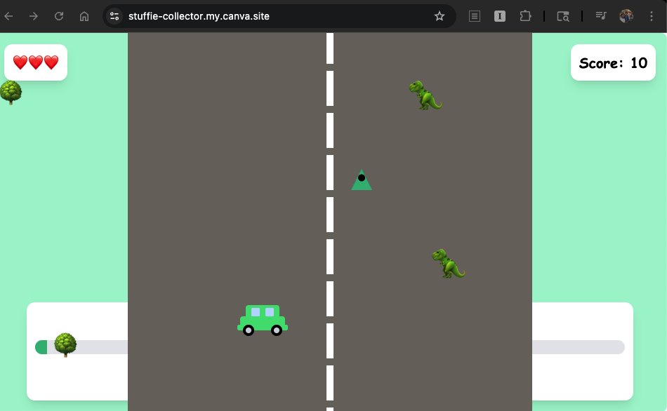 krishnanrohit's tweet image. 7yo built a game for the 4yo to play. You have to drive a jeep to collect stuffies, and avoid dinosaurs.