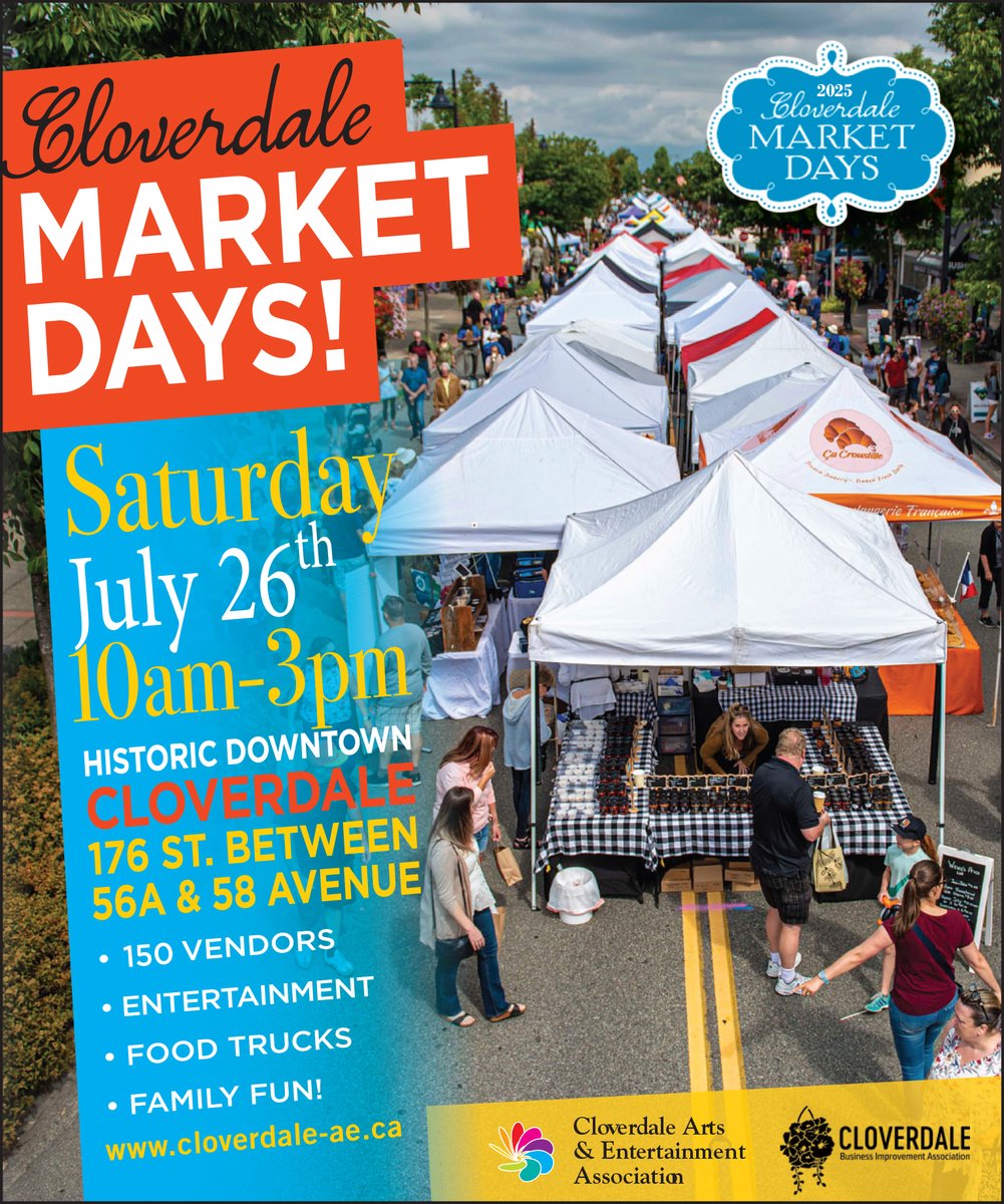 Paradeguy's tweet image. Market Days Returns!
Head down to historic d/t Cloverdale &
explore a vibrant mix of local vendors, enjoy live entertainment, & soak in the lively community atmosphere. Whether you're shopping, snacking, or simply catching up with friends, it's the perfect summer outing.