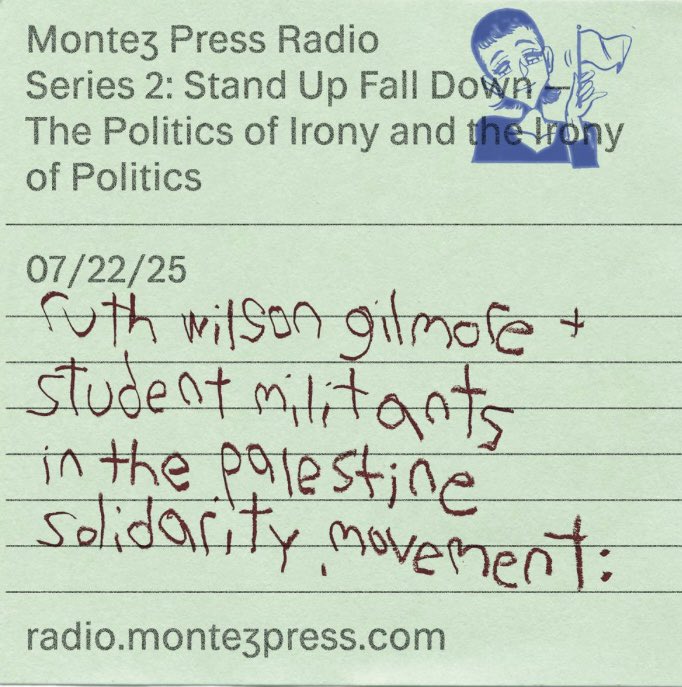 The Bad Side (@_thebadside) on Twitter photo The centerpiece of our program for <a href="/montez_radio/">Montez Press Radio</a>:
A long conversation between Ruth Wilson Gilmore, abolitionist organizer and Marxist geographer, and six student militants for Palestine.
The goal: reflect on last year’s encampments—their trials, glories, feelings, and facts. The centerpiece of our program for <a href="/montez_radio/">Montez Press Radio</a>:
A long conversation between Ruth Wilson Gilmore, abolitionist organizer and Marxist geographer, and six student militants for Palestine.
The goal: reflect on last year’s encampments—their trials, glories, feelings, and facts.
