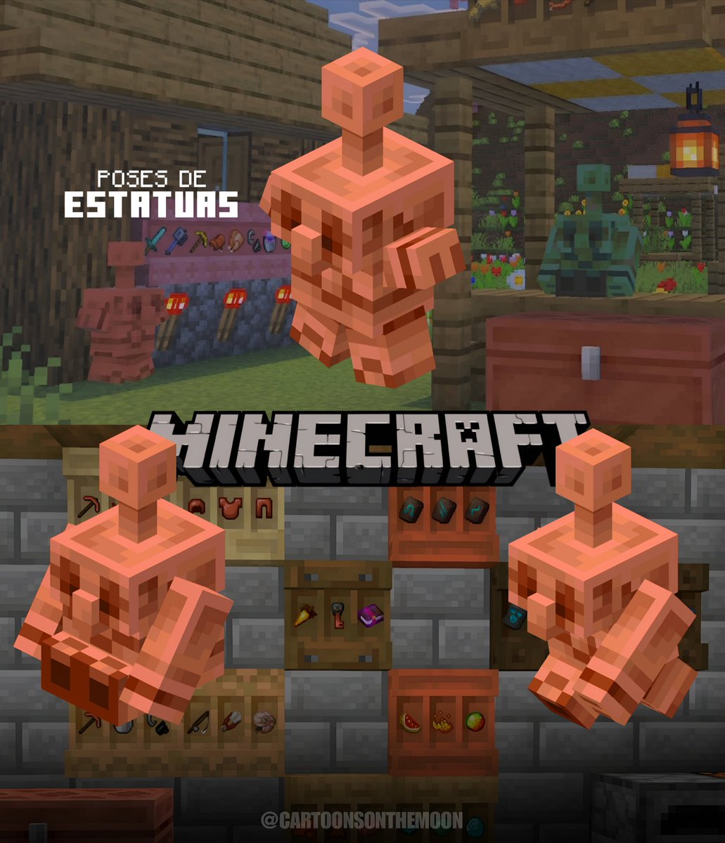 CartoonsOTMoon's tweet image. Minecraft anunció que, una vez oxidado, el Copper Golem ahora podrá volverse una estatua con diferentes poses.
Además, agregó un nuevo bloque de estantería que sirve para decorar con items y pasarlos al inventario.
