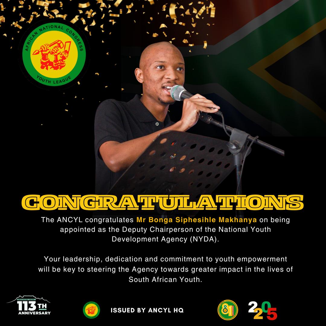 ANCYLhq's tweet image. The ANCYL congratulates Dr Sunshine Minenhle Myende and Mr Bonga Siphesihle Makhanya on being appointed as the Chairperson and the Deputy Chairperson (respectively) of the NYDA Board.
May they serve the youth of South Africa with dedication and commitment.
#ANCYLatWork