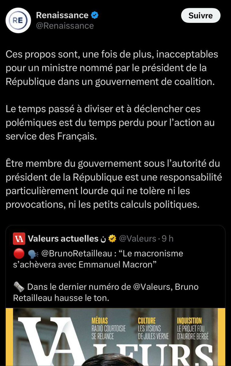 Frontieresmedia's tweet image. 🚨ALERTE INFO | TENSIONS internes au GOUVERNEMENT après des PROPOS de Bruno Retailleau sur le MACRONISME dans Valeurs Actuelles.