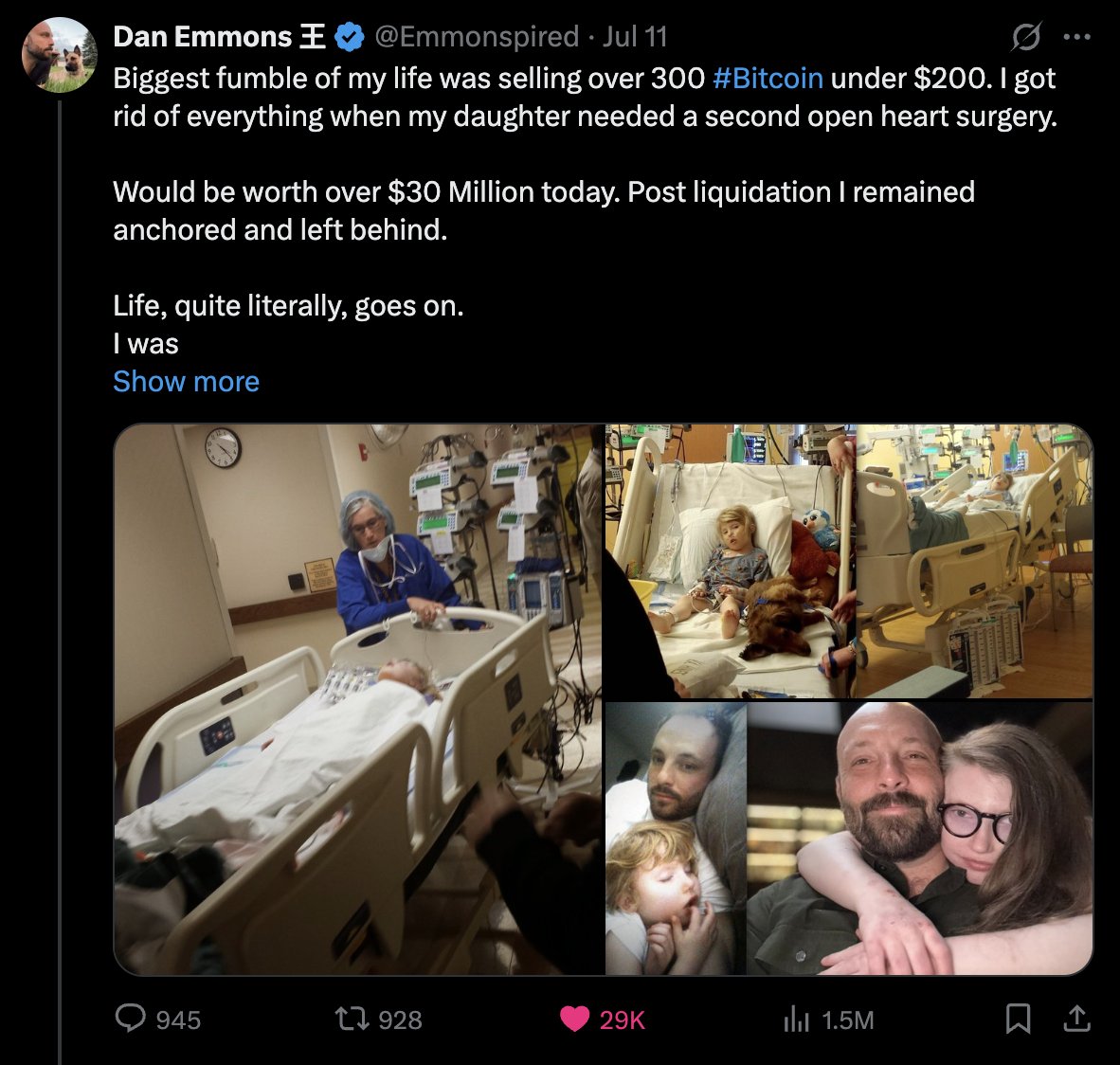 ❤️ Bitcoin is for family and love.

<a href="/Emmonspired/">Dan Emmons 王</a> sold over 300 Bitcoin under $200 to care for his daughter's open heart surgery. 

And he says: "I'd do it again, too."

Ruby was born with a rare genetic condition, 22q11.2, Type 1 diabetes and other health challenges.

She’s had