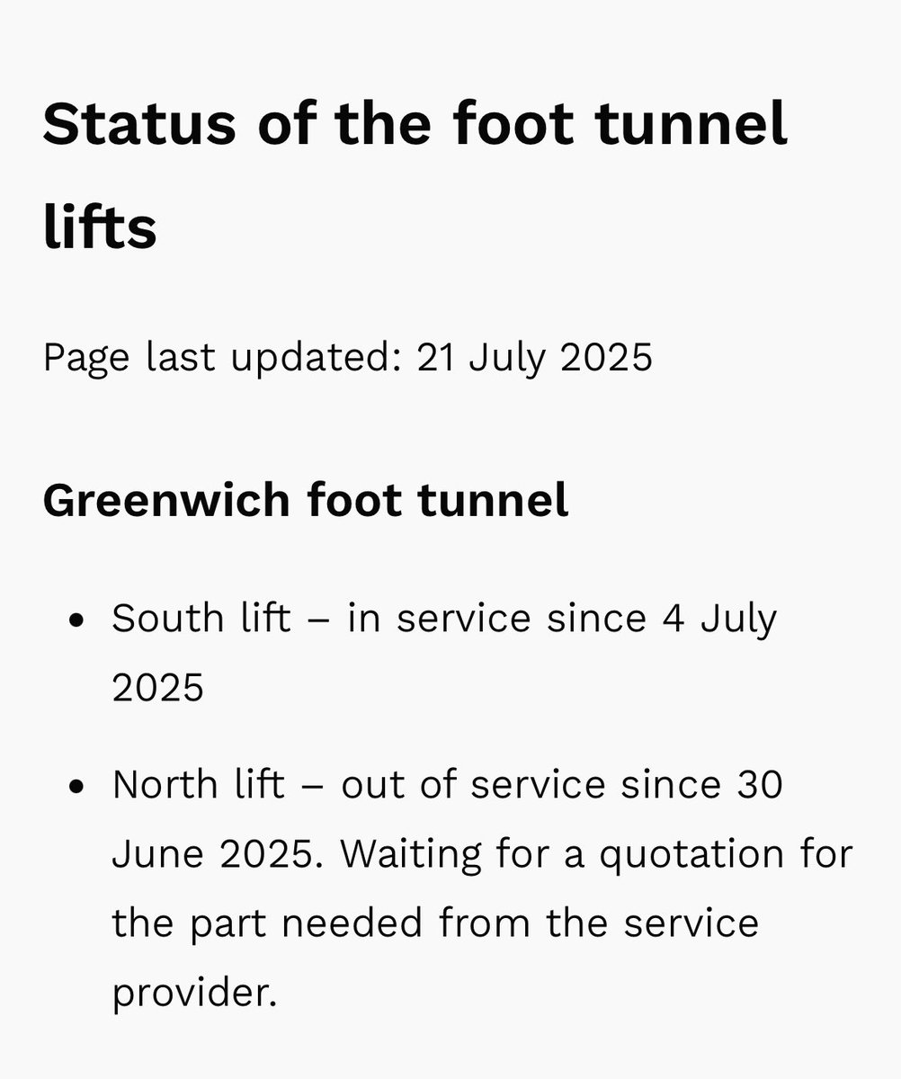 EscalateCSDLR's tweet image. The status of Greenwich foot tunnel lifts was updated yesterday after 3 weeks but status remains the same except for intermittent south lift breakdowns. Works have commenced on north lift but there was no one there when a user checked at 14:30 nor at 19:00 with rags & tools in…