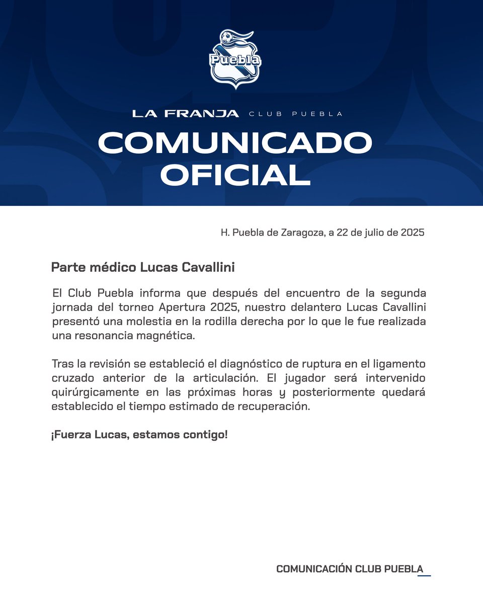 Tribunadeportes's tweet image. #Últimahora 🚨 | El @ClubPueblaMX 🎽 informa que Lucas Cavallini volvió a romperse el ligamento  cruzado anterior de la rodilla derecha 🦵🏻

Se someterá a operación 🏥 y posteriormente se indicará el tiempo de recuperación 📅