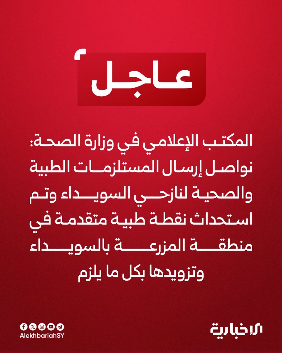 AlekhbariahSY's tweet image. المكتب الإعلامي في وزارة الصحة للإخبارية:
📌نواصل إرسال المستلزمات الطبية والصحية لنازحي السويداء
📌نعمل في مجالات الإسعاف والطوارئ وتأمين الأدوية وإعادة تأهيل المنشآت الصحية المتضررة وتعزيز برنامج الصحة النفسية
📌تم استحداث نقطة طبية متقدمة في منطقة المزرعة بالسويداء…