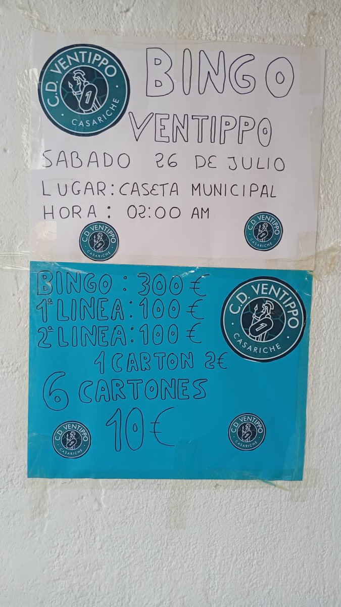 Ya están disponibles los cartones del bingo del C.D VENTIPPO en el recinto ferial en la caseta municipal 
Venta en barra
Gracias