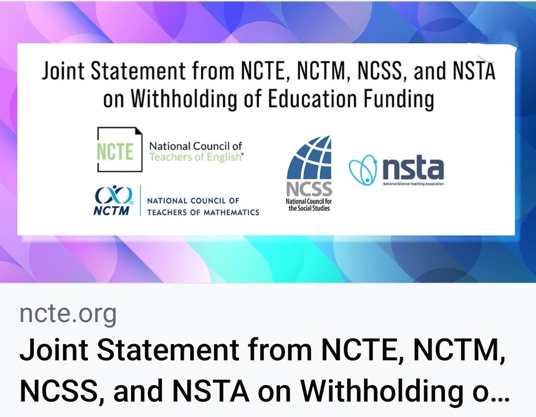DrMonicaHenson's tweet image. This statement was coauthored by the four professional organizations for teachers: National Councils of Teachers of English; Mathematics; the Social Studies, and the National Science Teaching Association. 🇺🇲📚🏫🚸

tinyurl.com/yfp9by4w