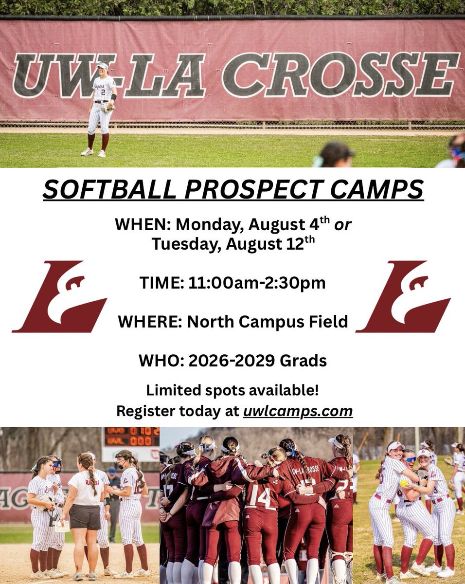 ‼️ ATTN: 2026-2029 Recruits ‼️ 

Prospect Camps are coming up fast 👀

Thanks to everyone who has already registered! We love evaluating future Eagles on our home field and want to see YOU there! The talent is looking 🔥 for August! 

🦅 Register Here: softball.uwlcamps.com