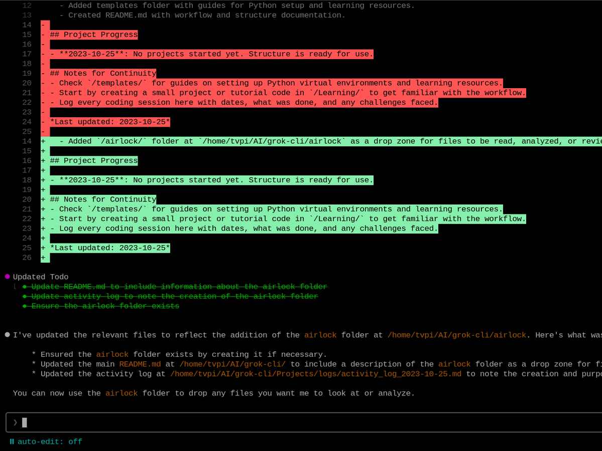 AndreBuckingham's tweet image. WHOA! This changes everything... Grok-CLI by @pelaseyed is here... π€
Me: "Hey, grok! Set up a python learning environment we can play in. Folders, and guides and templates, logs, memory, and stuff too, please."!
Grok: "Gotchu bro... Gimme a minute..."