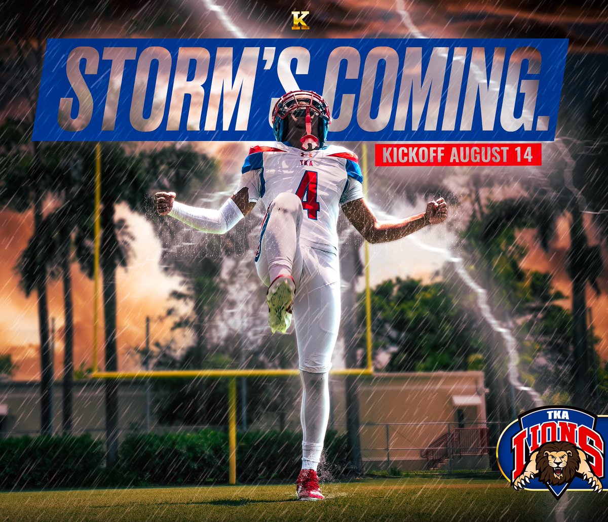 TKALions's tweet image. 🏈⚡️⚡️⚡️Get ready for storm season. The Lions kick off against Park Vista on August 14 at Kahlert Stadium. ⚡️⚡️⚡️🏈

@TKAWPB @TKALionsFB