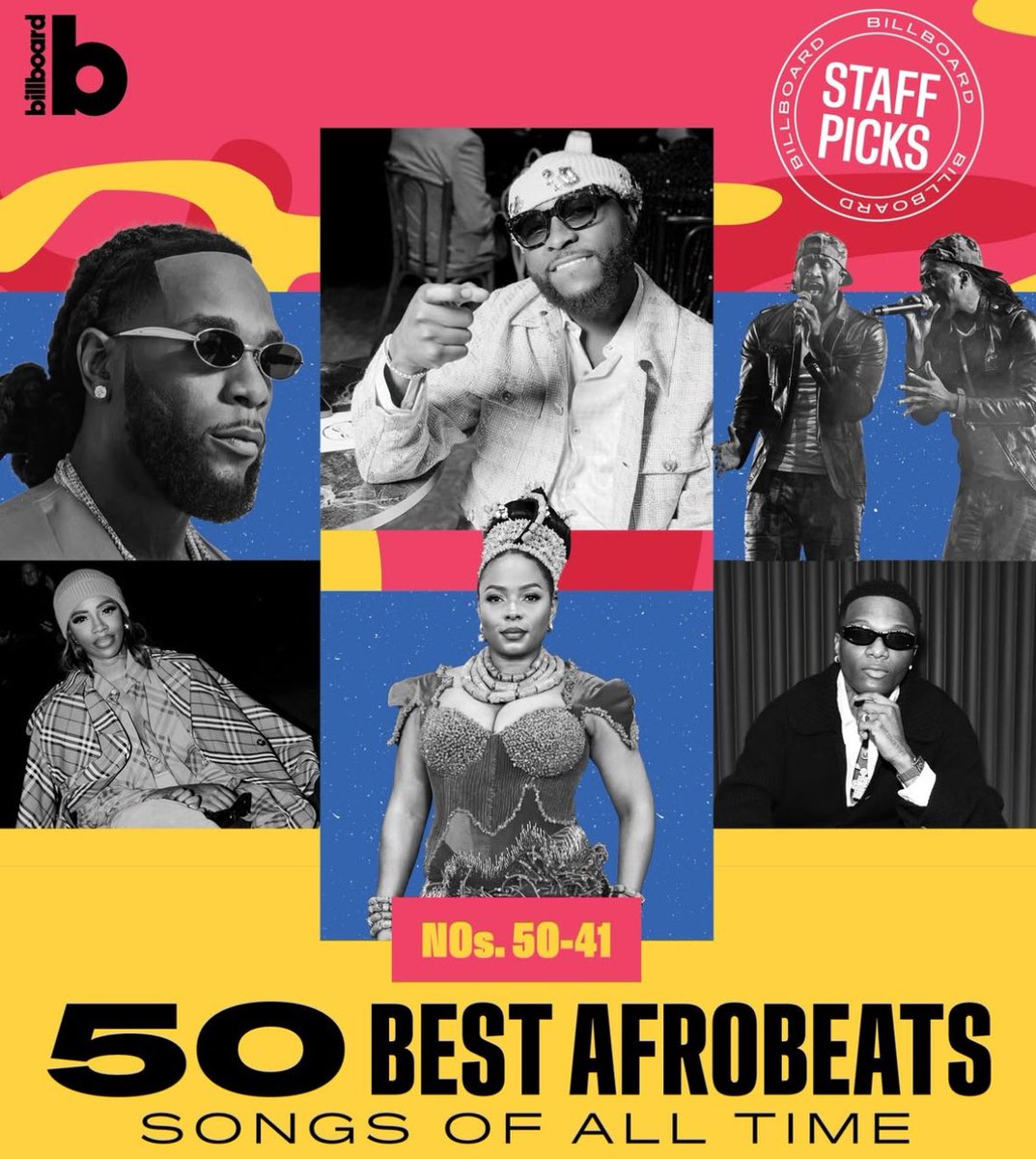 hypetribeng's tweet image. 🚨 BILLBOARD'S 50 BEST AFROBEATS SONGS OF ALL TIME {50-41}
•50. Ijoya — Weird MC
•49. Tonight — Nonso Amadi
•48. Dem Mama — Timaya
•47. Raise Da Roof — Jazzman Olofin & Adewale Ayuba
•46. Soweto — Victony & Tempoe
•45. Yahooze — Olu Maintain
•44. Oleku — Ice Prince &…