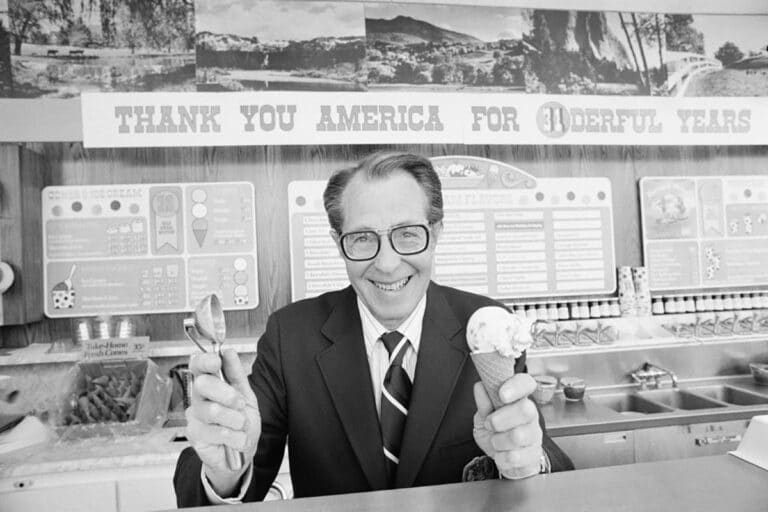 UW's tweet image. Irv Robbins grew up scooping cones at his family’s Tacoma ice cream shop and graduated from the University of Washington in 1945. He used money he’d been saving to open his own store — and that first shop became Baskin-Robbins, now the world’s largest ice cream chain. 🐾🍨