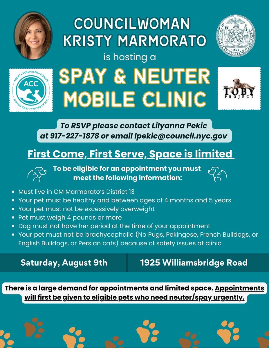 KristyMarmorato's tweet image. ๐พ FREE Spay & Neuter Event in District 13! ๐พ
Weโre teaming up to keep our furry friends safe, healthy, and out of shelters!
๐ 1925 Williamsbridge Road
๐
Saturday, August 9th
โ
Free services
โ
Open to cats & dogs
โ
By appointment only โ spots are limited!
