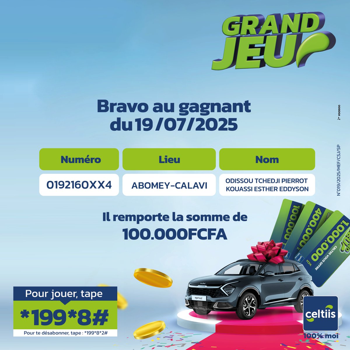 celtiisbj's tweet image. 100 000 F tombés dans ton compte C'cash comme ça, un mardi !
T’imagines 😊 ? C’est ce qui vient d’arriver à nos gagnants du Grand Jeu Celtiis.
Toi aussi, tape *199*8# et tente ta chance.
#Celtiis100PourcentMoi #1erOperateurGlobal #GrandJeu #Wasexo