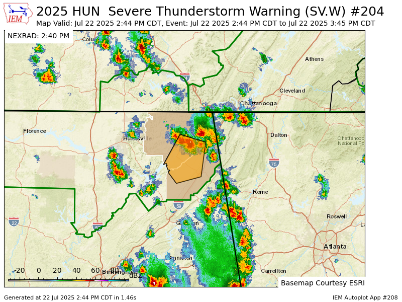 HUN issues Severe Thunderstorm Warning [wind: 60 MPH (RADAR INDICATED), hail: 0.75 IN (RADAR INDICATED)] for DeKalb, Jackson [AL] till Jul 22, 3:45 PM CDT mesonet.agron.iastate.edu/vtec/f/2025-O-…