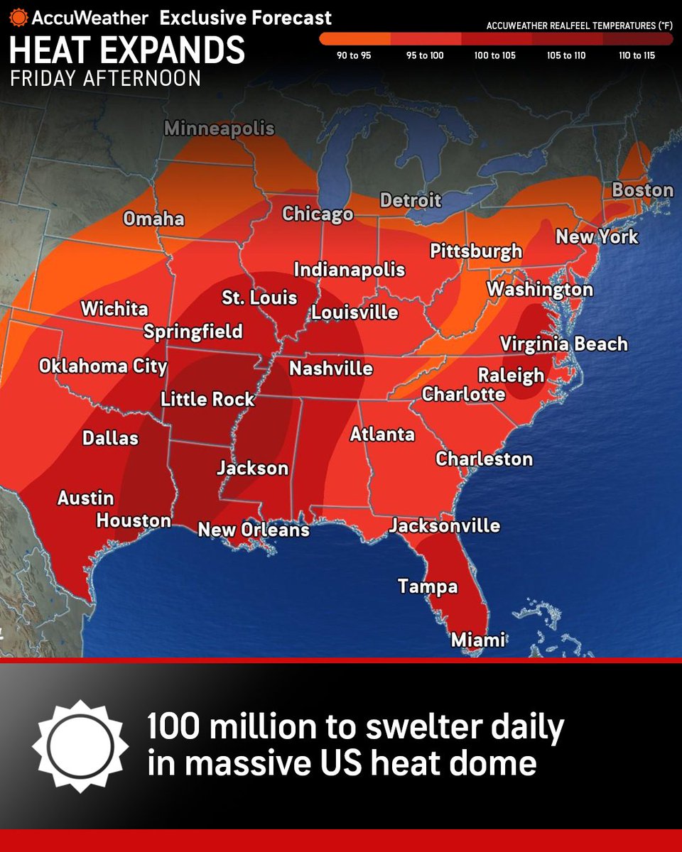 accuweather's tweet image. A massive heat dome will be long-lasting and unforgiving across large areas of the United States in the coming weeks, with AccuWeather RealFeel Temperatures occasionally surpassing 110ºF bit.ly/4lAP6hK