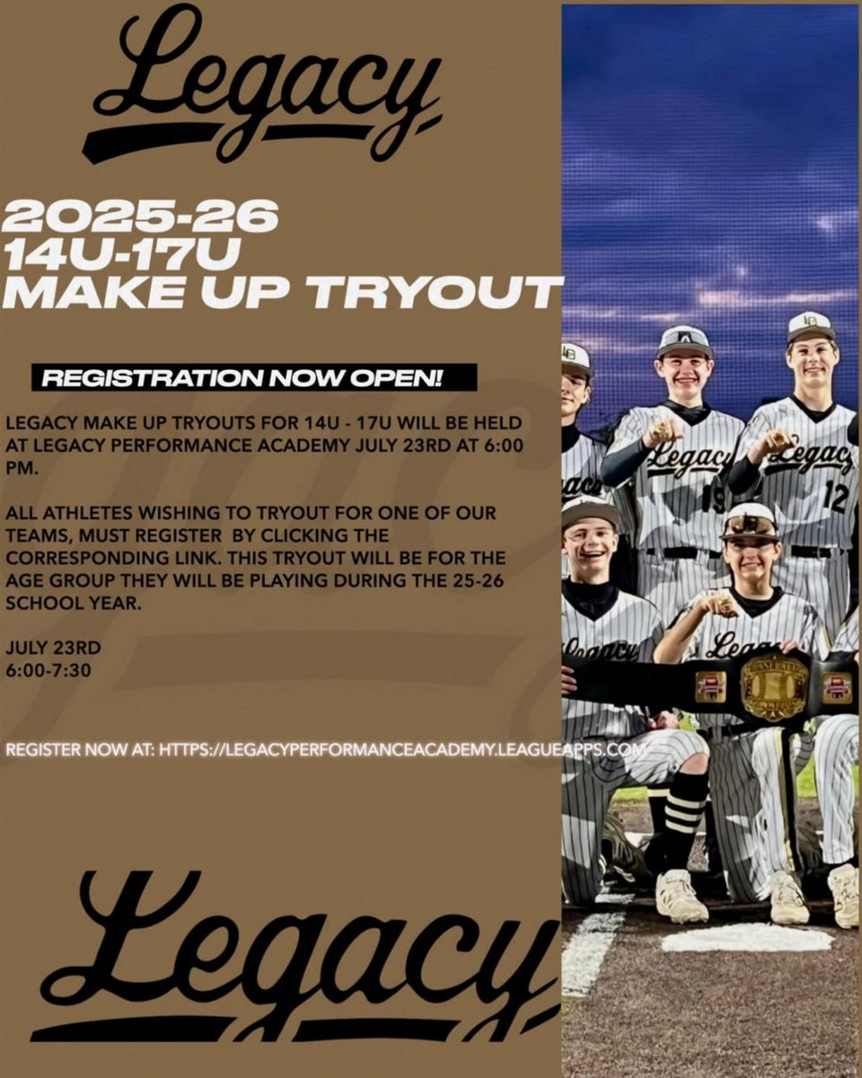 stllpa's tweet image. Make Up tryouts for 14U-17U athletes.  Wednesday July 23rd at 6:00 at Legacy Performance Academy.  Register below to attend.

…gacyperformanceacademy.leagueapps.com/events
