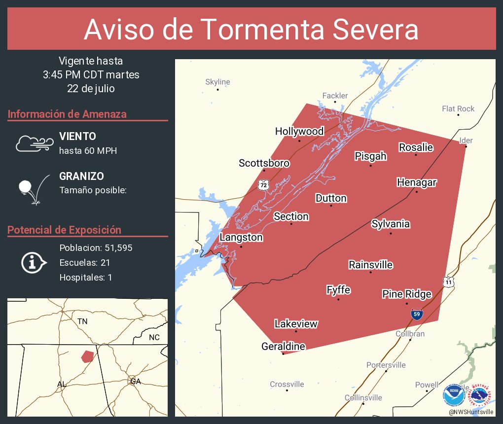 NWSHuntsville's tweet image. Aviso de Tormenta Severa incluye Scottsboro AL, Rainsville AL, Henagar AL hasta las 3:45 PM CDT