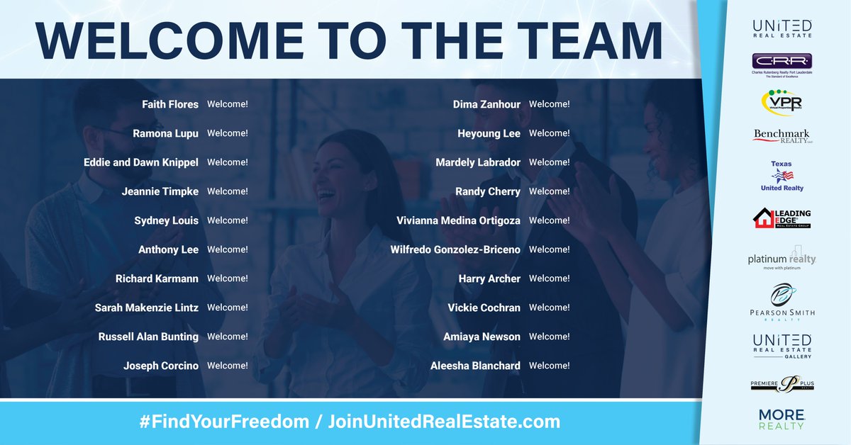 United_RE's tweet photo. Welcome to United! We're excited to have you on board. Get ready to grow, succeed and reach new heights with the support of our incredible team. Let's make this journey amazing!  #FindYourFreedom #GrowWithUnited #WelcomeToTheTeam #SuccessTogether https://t.co/6f4XMBJN6m