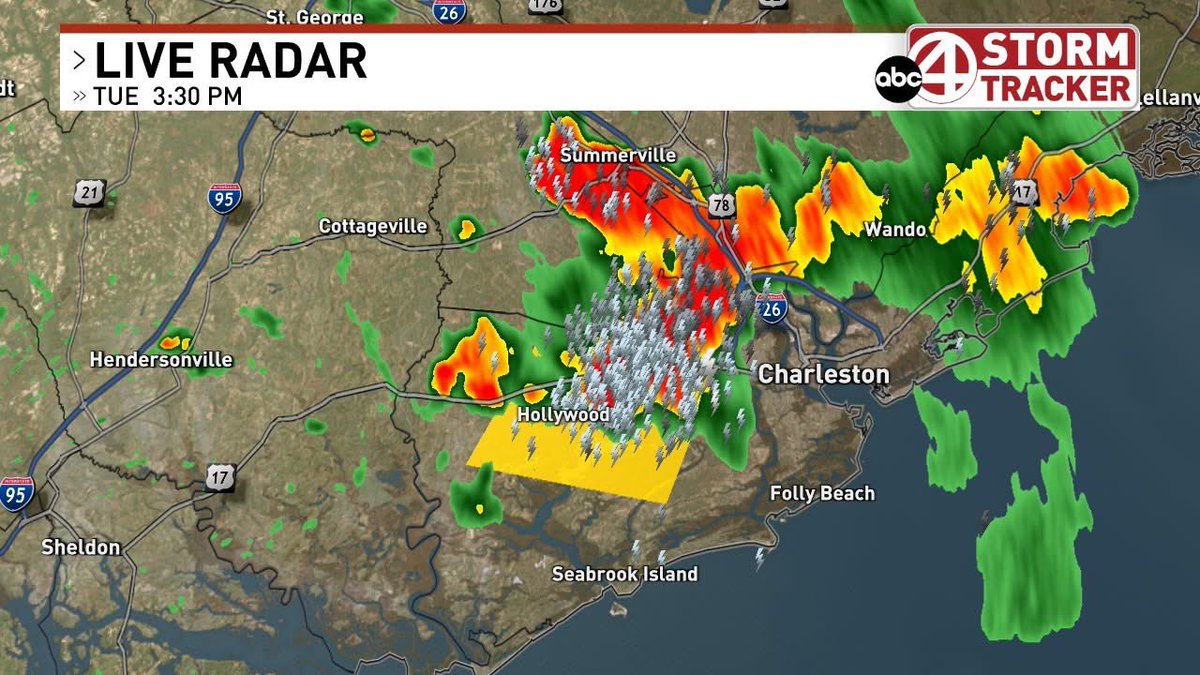 SStevensWCIV's tweet image. A Severe Thunderstorm Warning for part of Charleston county until 4:15pm. 60mph wind gusts and small hail along with lots of lightning and heavy rain for southern parts of the country like West Ashley, Hollywood, Ravenel, Johns Island, etc. as storms move south. #chswx