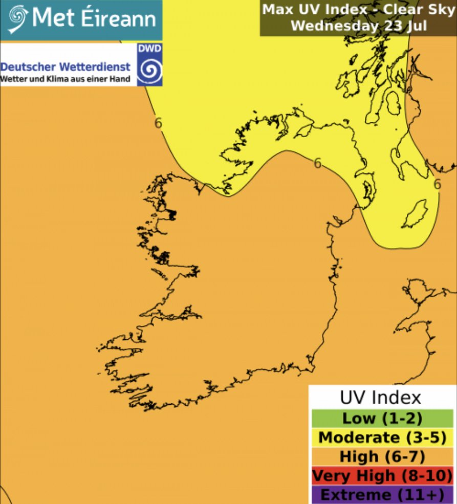 MetEireann's tweet image. #UV index for Wednesday, the 23rd of July:
Moderate to high in clear skies ☀️
Low to moderate in cloudy skies ☁️
Ensure you are #SunSmart by protecting your skin and eyes from the sun, even if it's cloudy.
More info 👇
met.ie/uv-index