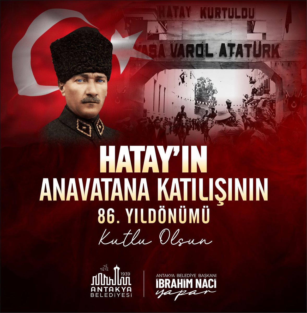 inaciyapar's tweet image. “Kırk asırlık Türk Yurdu düşman elinde esir kalamaz.” diyerek Hatay’ın Anavatana katılması için mücadele eden Gazi Mustafa Kemal Atatürk ve silah arkadaşları başta olmak üzere Tayfur Sökmen ve tüm isimsiz kahramanlarımızı saygı, rahmet ve minnetle anıyorum.
Hatay'ın Anavatana…