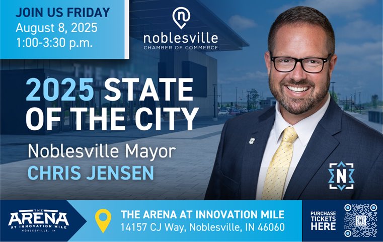 NoblesvilleCOC's tweet image. Don't miss the Annual State of the City Address!
Join @NoblesvilleIN @MayorJensen on Aug 8 as he takes the stage from center court at The Arena at Innovation Mile — the new home of the @noblesvilleboom!
👉 Register now: tinyurl.com/bxjfmrrp